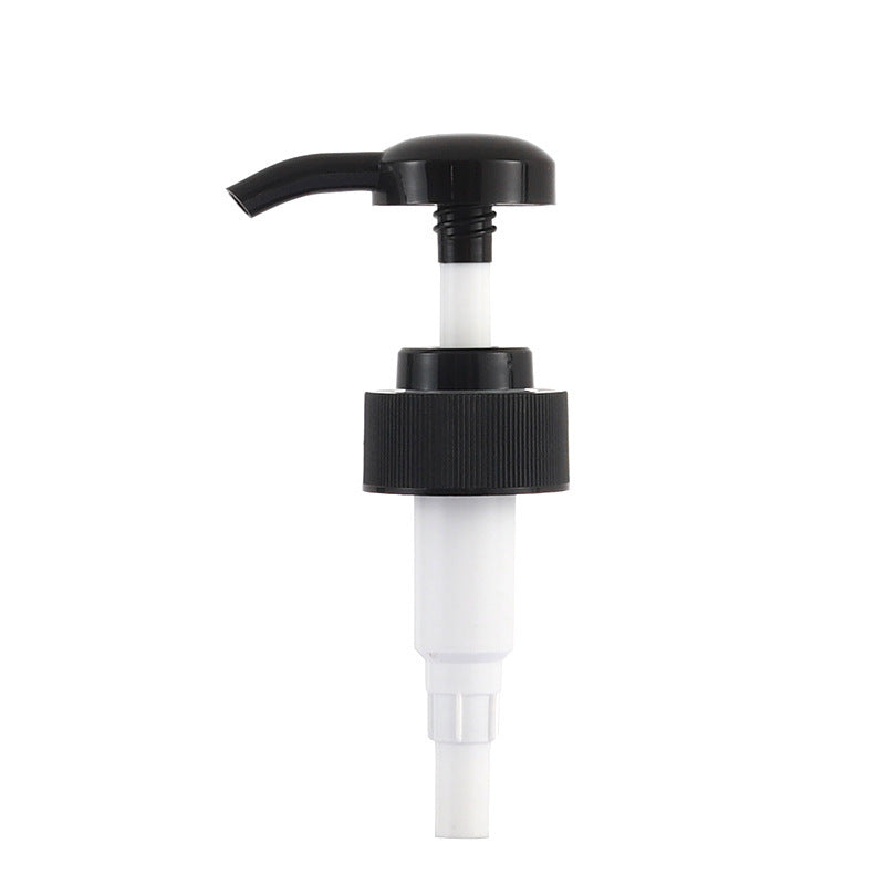 In-stock 32-tooth plastic black and white round-head pump, suitable for shampoo, lotion, shower gel, and body lotion. features a threaded pump head