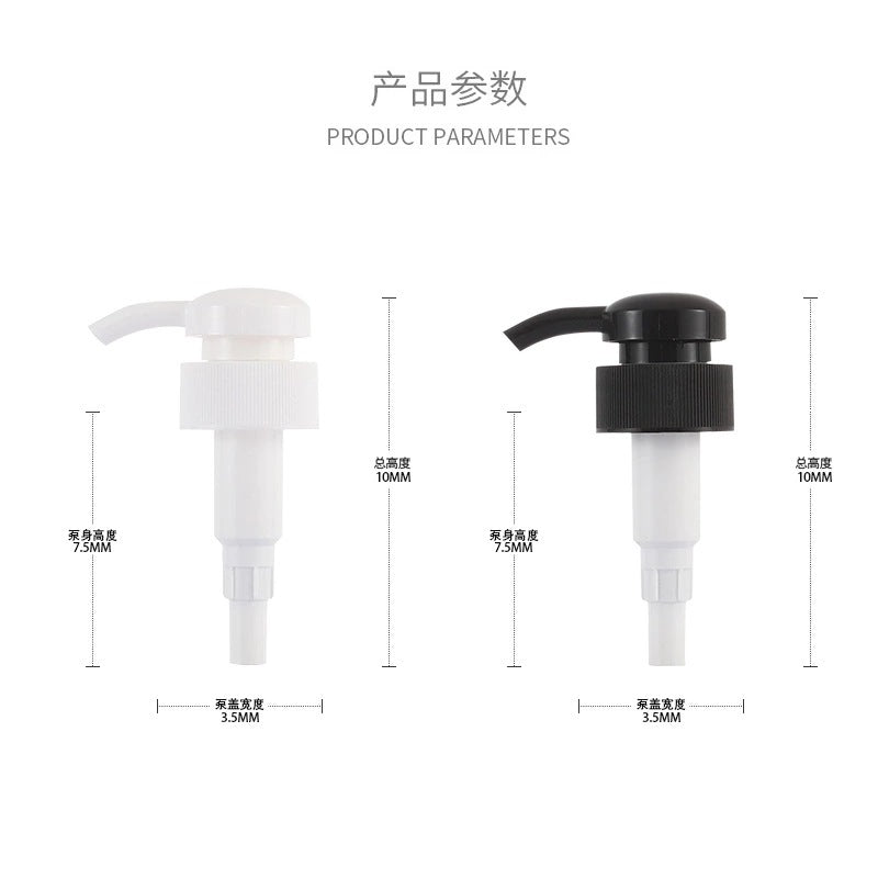 In-stock 32-tooth plastic black and white round-head pump, suitable for shampoo, lotion, shower gel, and body lotion. features a threaded pump head