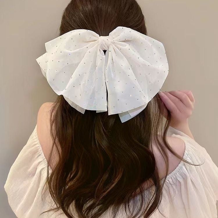 Korean style premium double-layer bow back-of-head spring clip ribbon pearl hair clip women's elegant hair accessory
