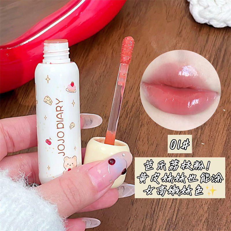 Jojo diary puff bear lip glaze clear watery glossy lips low saturation white student party lip gloss