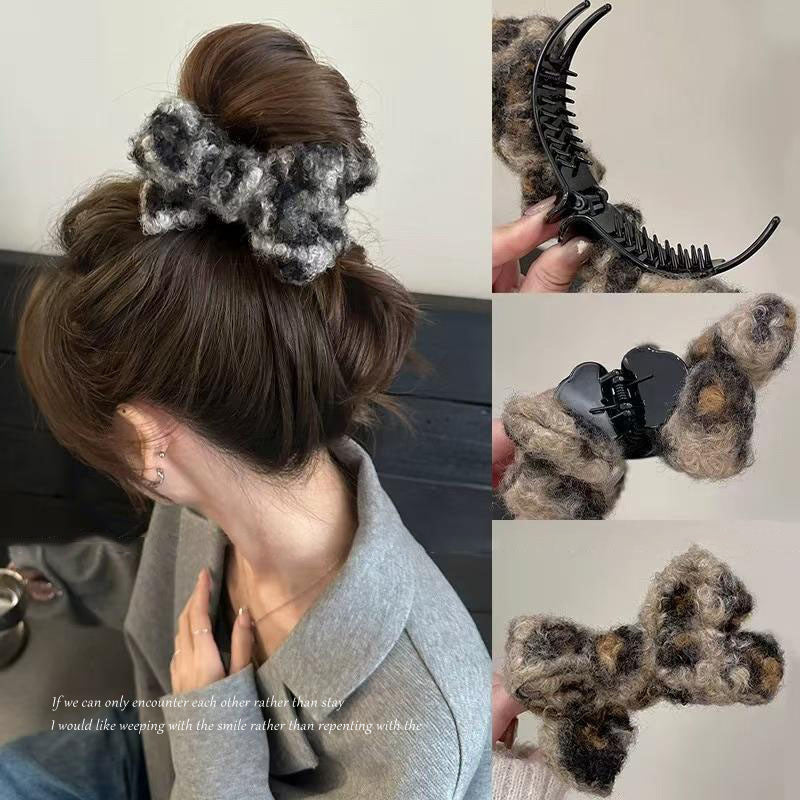 Korean style leopard print bow hair clip for autumn/winter - ponytail holder, bun maker, knitted wool hair accessory, hair clip for women