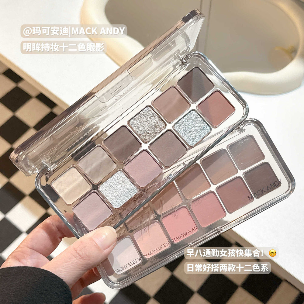Mackandy 12-color eyeshadow palette - shimmer, matte, low-pigment korean-inspired pink, brown, and earth tones