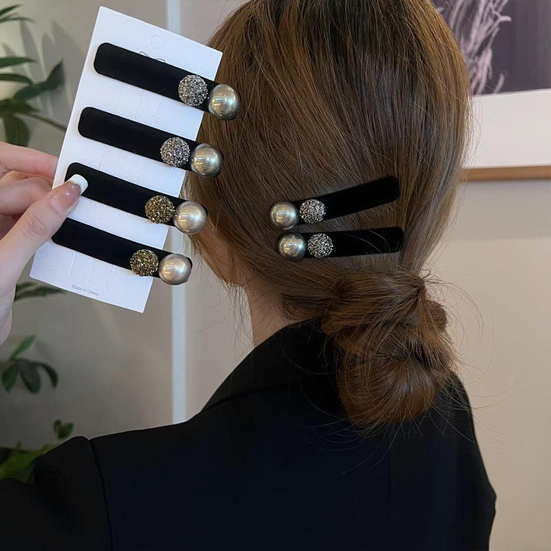 Korean new arrival velvet beads one-word clip classy inlaid hair clip casualeasiest for match duckbill clip side hair clip popular