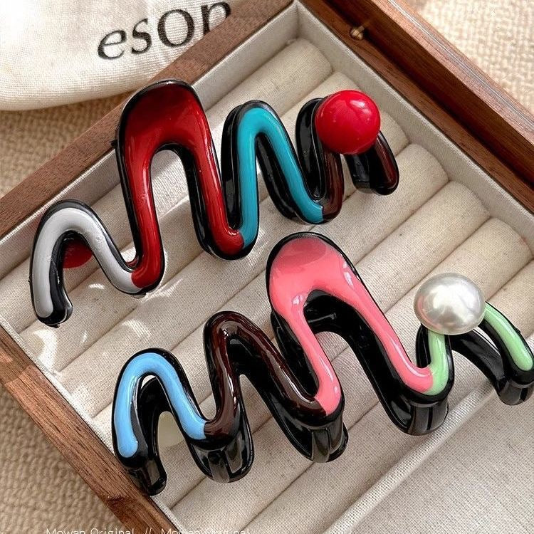 Red and blue contrast color hair clip shark clip hair clip for women's back of head wavy pearl classy clip hair accessories