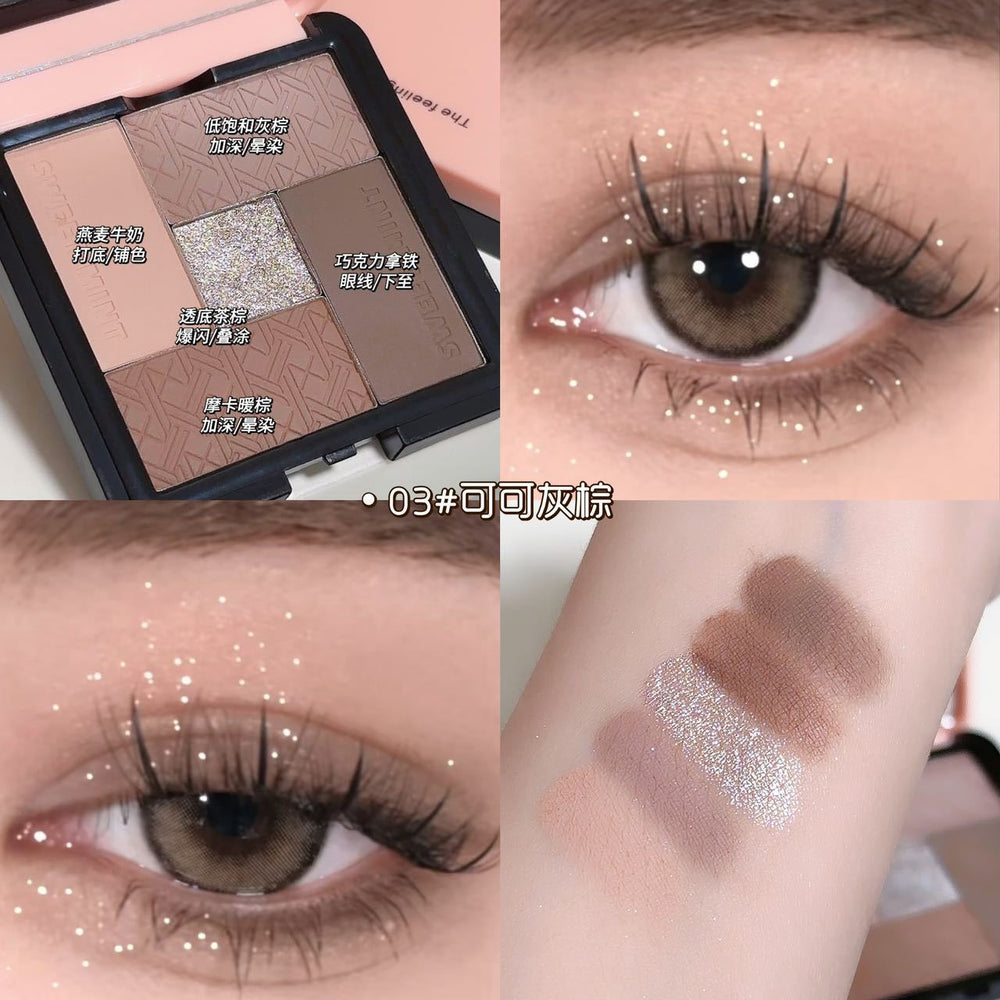 Sweet mint five-color eyeshadow palette - shimmer, matte, highlight, and contour all-in-one - beginner-friendly earth tone eyeshadow