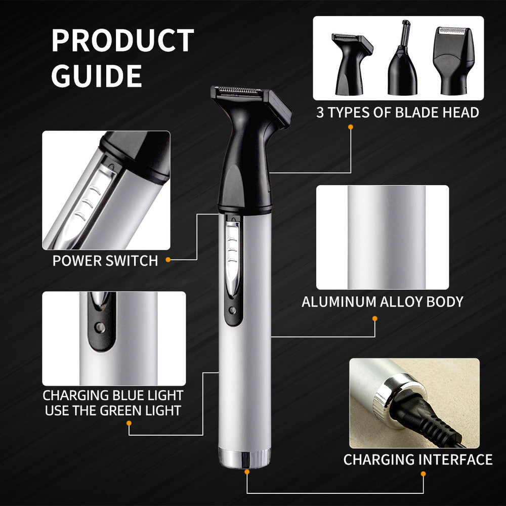 Four-in-one grooming kit: electric shaver, nose hair trimmer, eyebrow trimmer, hair clipper for men's body hair trimming