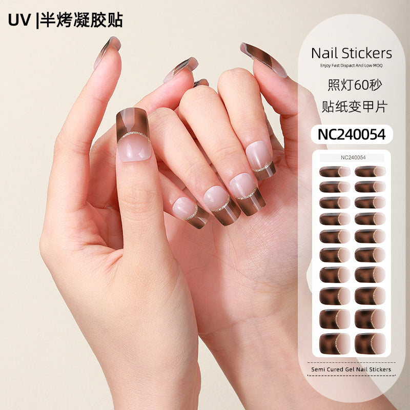 Zhengxiang customized second generation uv gel nail art stickers french onion powder baking lamp hardened semi-cured nail stickers wholesale