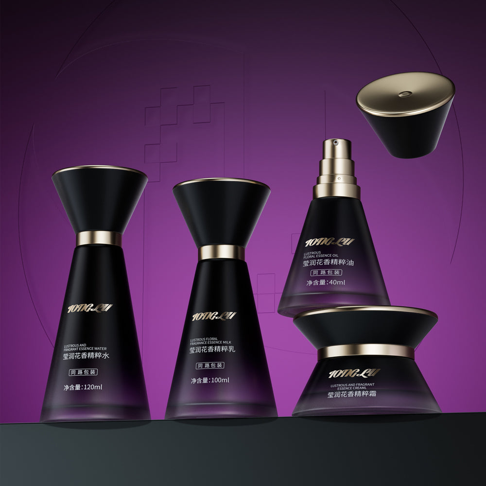 Ready-to-ship cosmetic glass bottle set packaging, including 120ml lotion glass bottles, 50g cream jars, and spray atomizer bottles