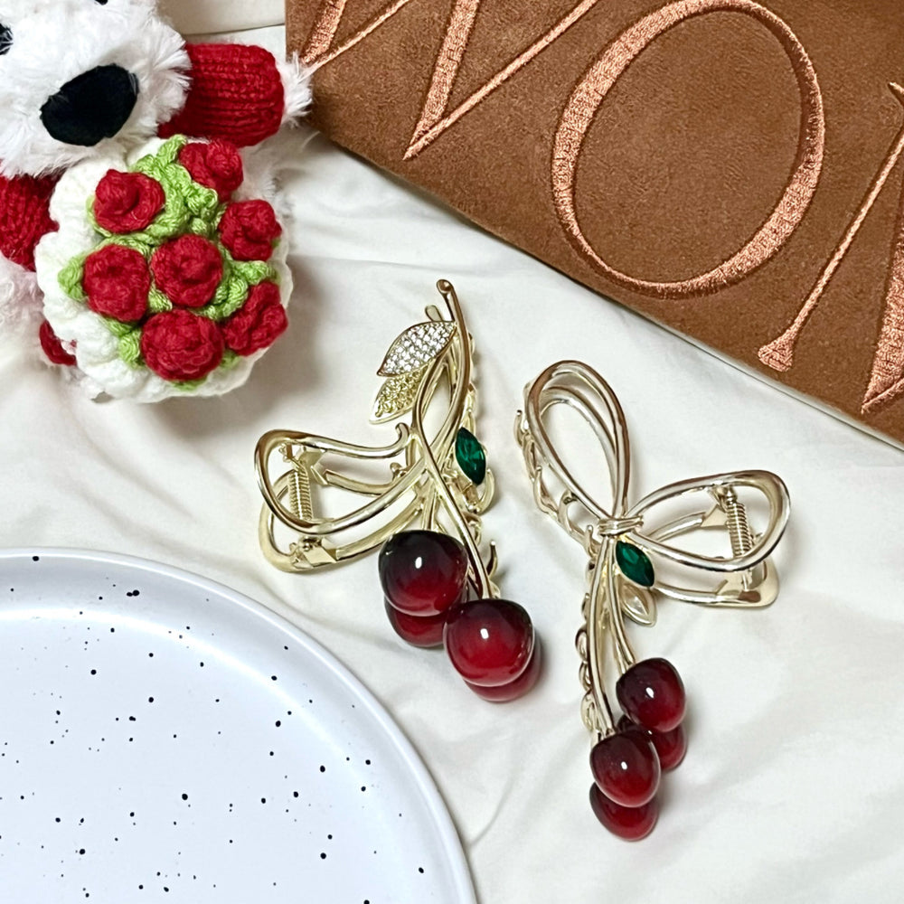 Korean sweet cherry bow hair claw clip - fresh & chic hair styling clip - minimalist & elegant hair accessories for women