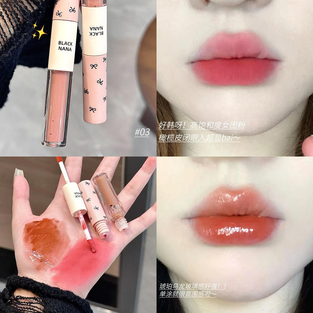 Black nana double-ended lip glaze - pink dew, instant brightening, watery gloss, mirror finish, velvet matte, and creamy lip clay