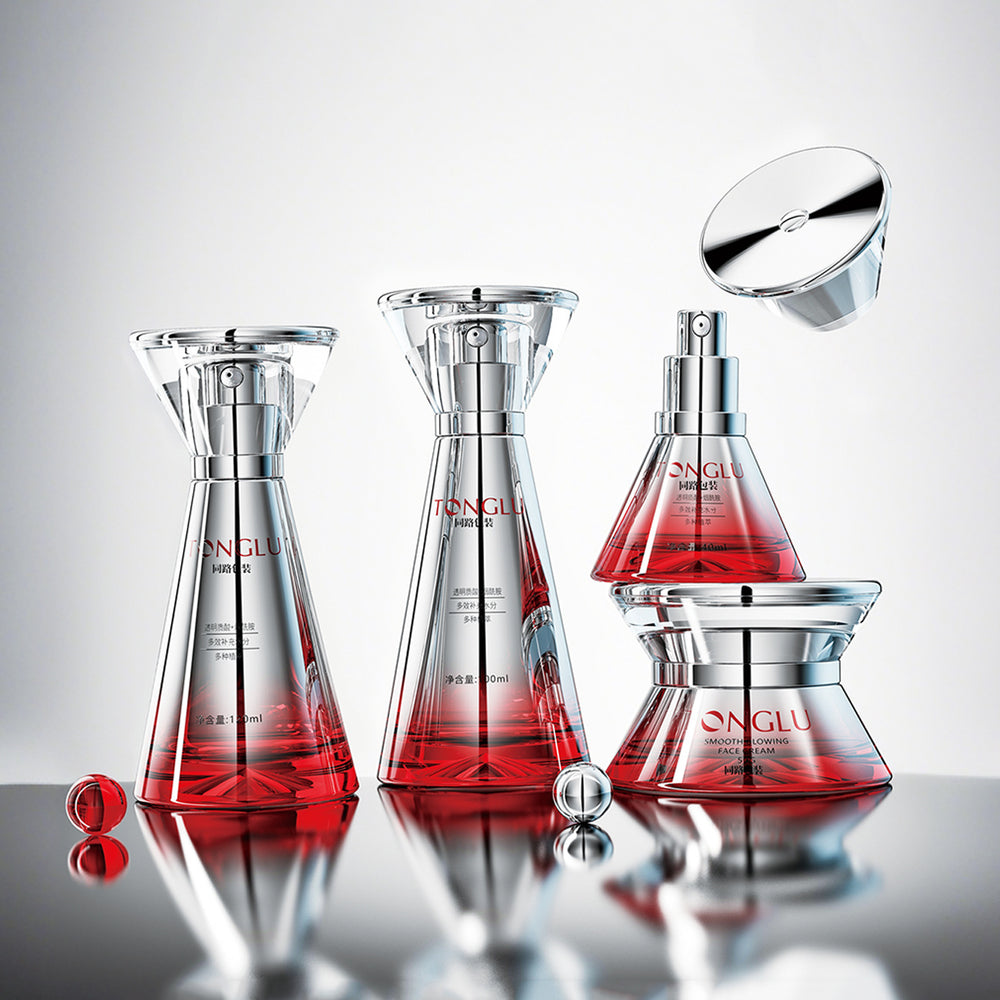 Factory direct: cosmetic glass bottle packaging - 120ml gradient set, includes pump bottle for essential oils and conical jar for creams and lotions
