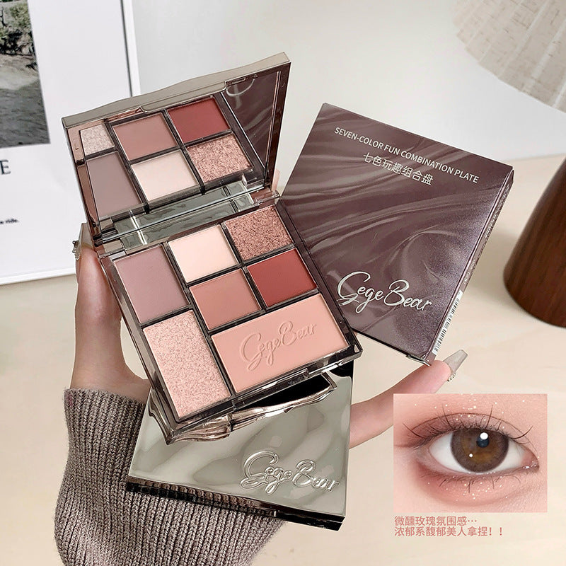 Gege bear seven-color fun eyeshadow palette - low saturation, shimmer, matte, highlight, contour, and blush all-in-one comprehensive palette
