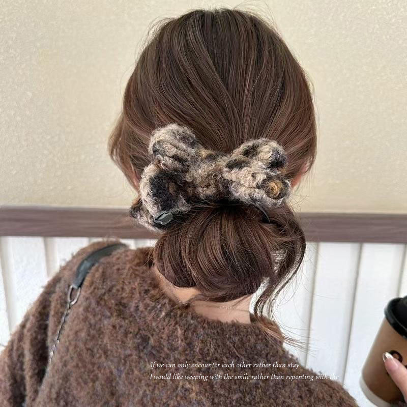 Korean style leopard print bow hair clip for autumn/winter - ponytail holder, bun maker, knitted wool hair accessory, hair clip for women