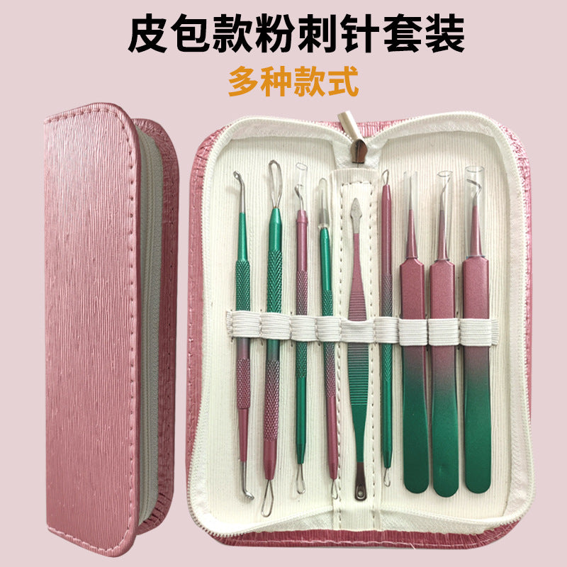 Stainless steel acne extractor tool set - includes tweezers, needles, and blackhead remover