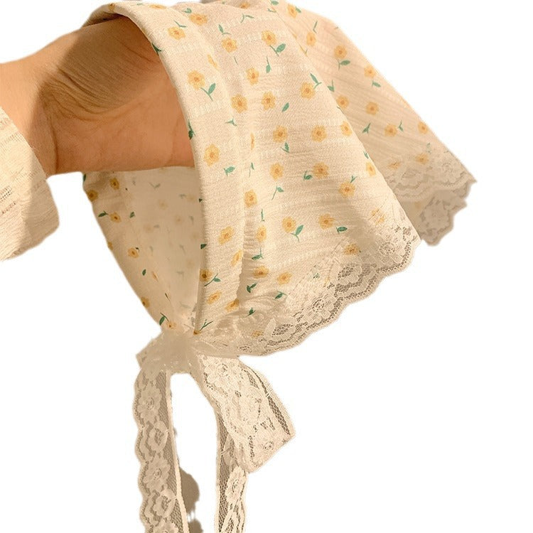 Korean style new fairy style all-over print lace tie-up women's headband - perfect for travel, outdoor activities, and sun protection - triangle scarf