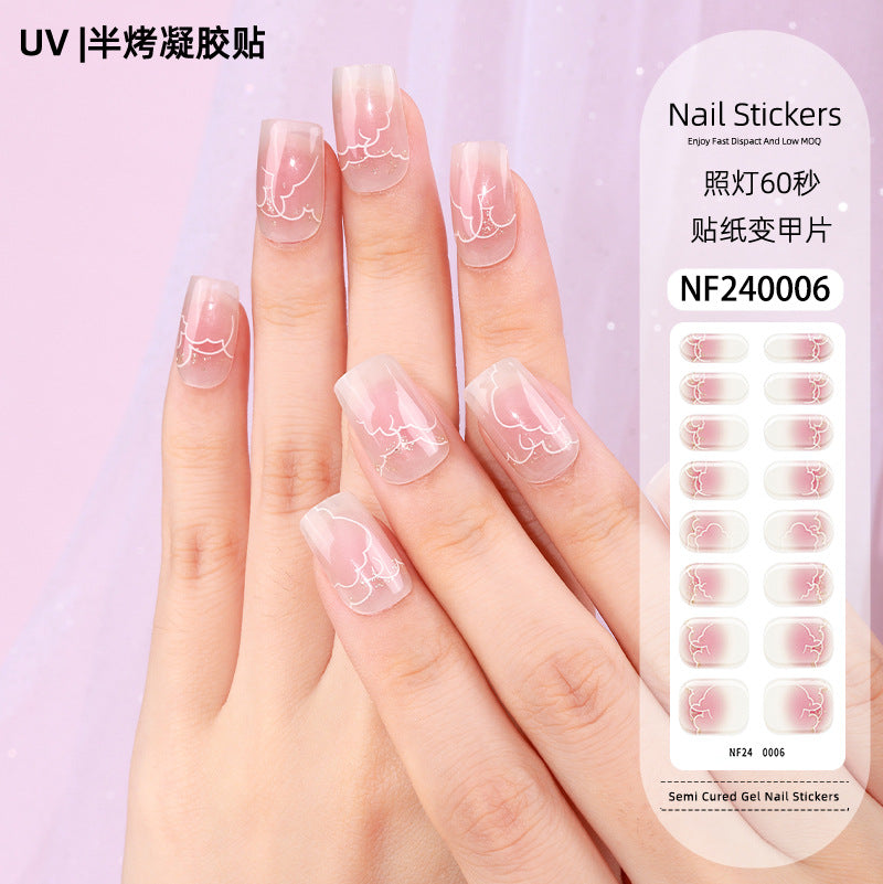 Zhengxiang custom gel nail art stickers french bronzing uv phototherapy semi-cured nail stickers ice transparent nail art stickers wholesale