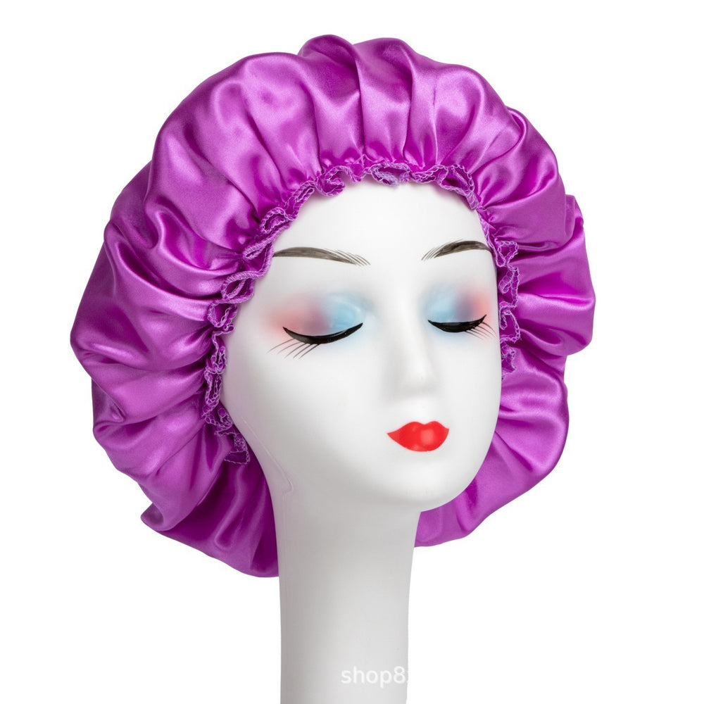 Amazon hot-selling single-layer satin hair bonnet - women's sleep cap, stylish lace trim, solid color beauty & hair care cap