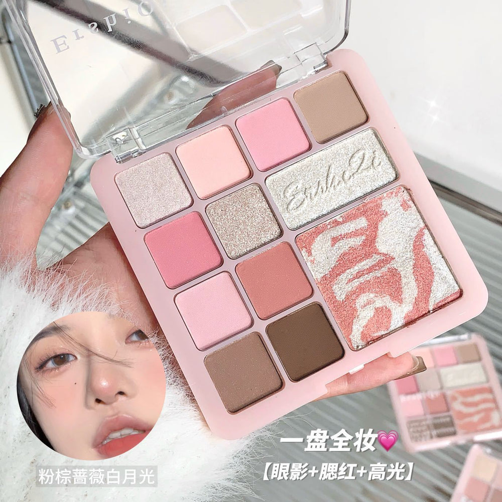 Makeup ershiqi flower powder mist comprehensive palette rose milk tea pearlescent matte eyeshadow highlight blush all-in-one palette