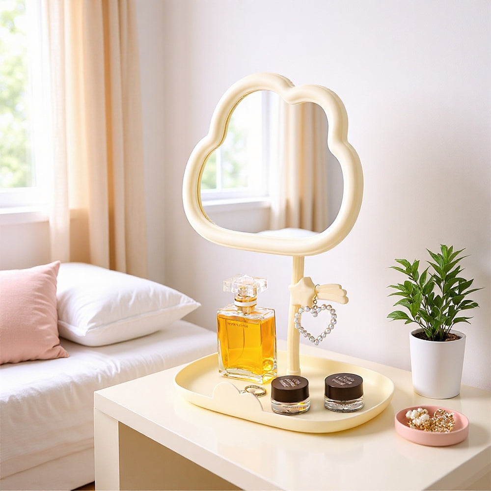 Cute cloud makeup mirror - rotatable desktop tabletop plastic storage for student dorms, home, and glass mirror