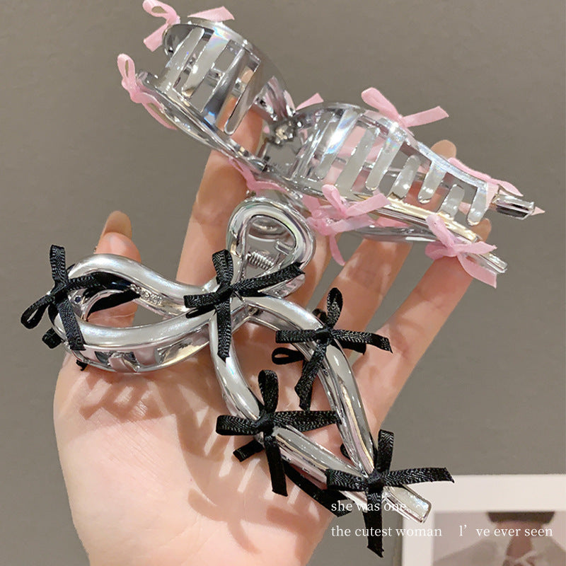 Ballet style ribbon bow gripper 2024 new women's hair clip classy back of head hair shark clip headwear