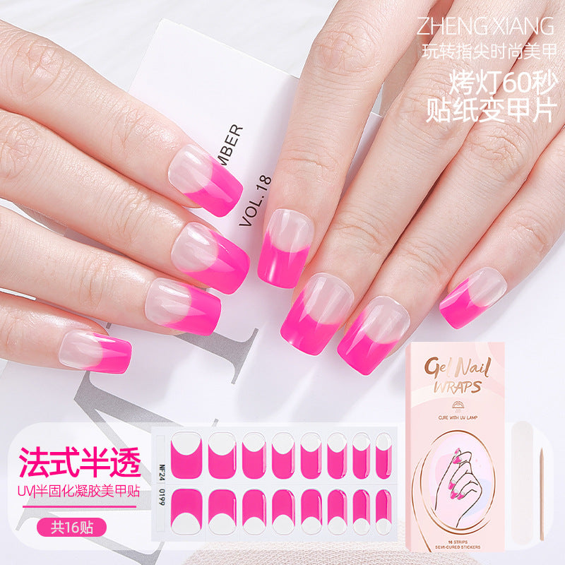 Zhengxiang customized french gel nail art stickers ice transparent solid color ins cross-border uv phototherapy semi-cured nail stickers wholesale