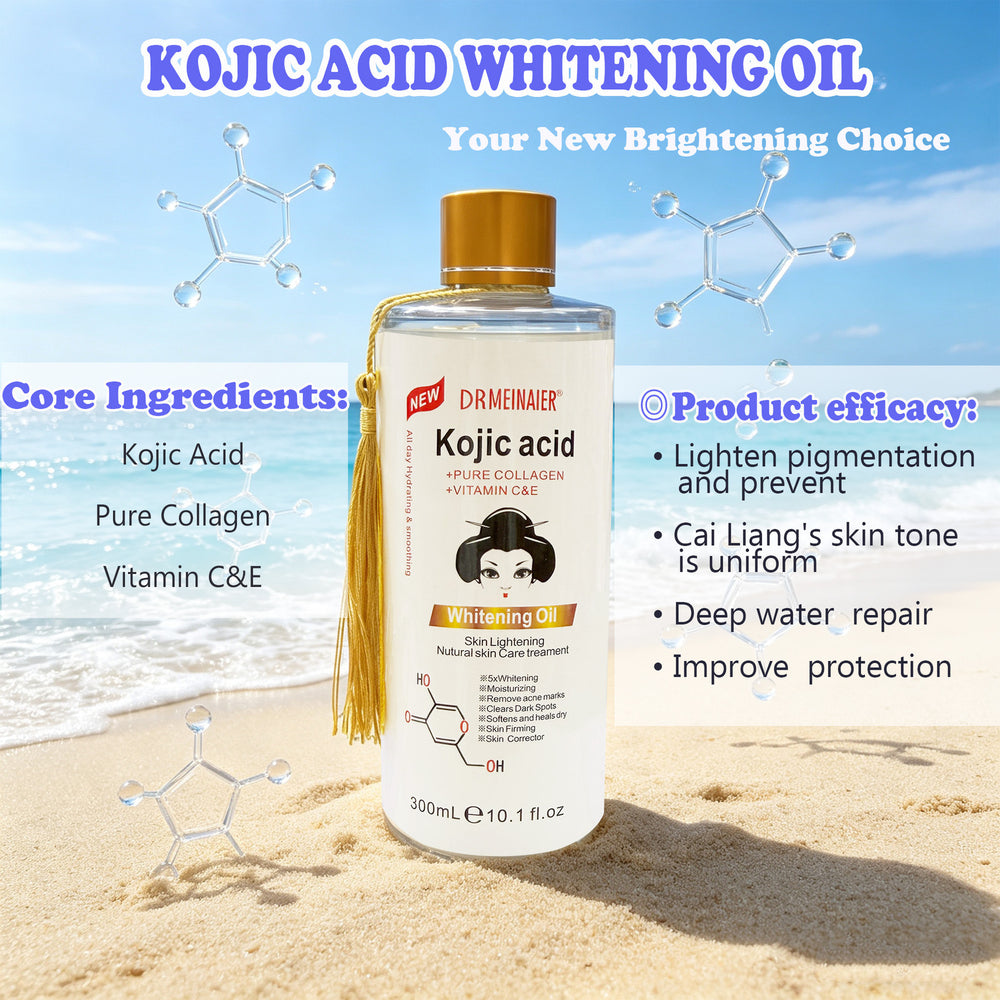 kojic acid essence oil 300ml with collagen, vitamin c & a - facial, body, hair, and skin care brightening massage oil