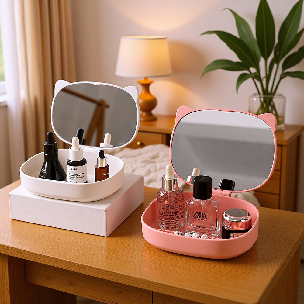 Cat ear storage makeup mirror plastic for home desktop foldable portable home cute travel all-in-one glass mirror
