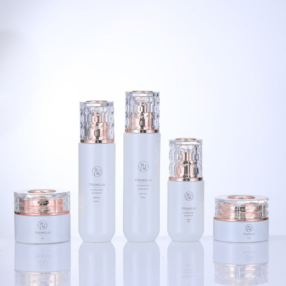 New cosmetic glass bottle set packaging: 120ml lotion/essential oil glass bottles & 30g cream/emulsion sample vials