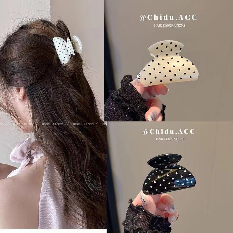Retro french polka dot champagne color gripper elegant back of the head hair shark clip girl bows one-word clip