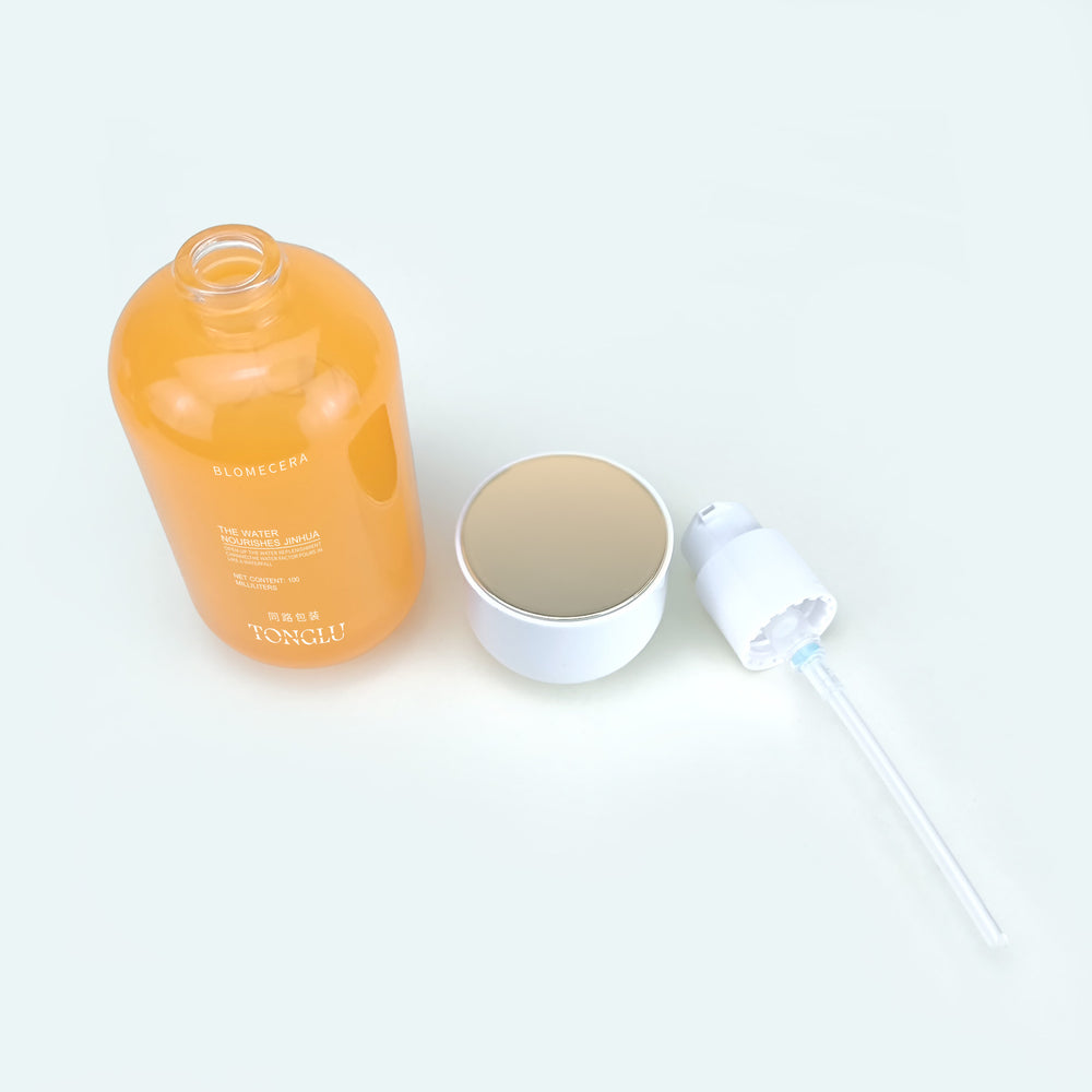 Ready-to-ship cosmetic glass bottle set packaging, including 120ml lotion/serum pump bottles and 50g cream/jar dispensing bottles