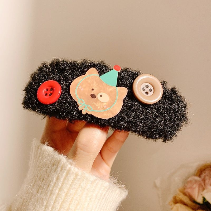 Cute plush button brown bear hair clip - girly heart bangs side clip - cartoon snap hair clip - hair accessories