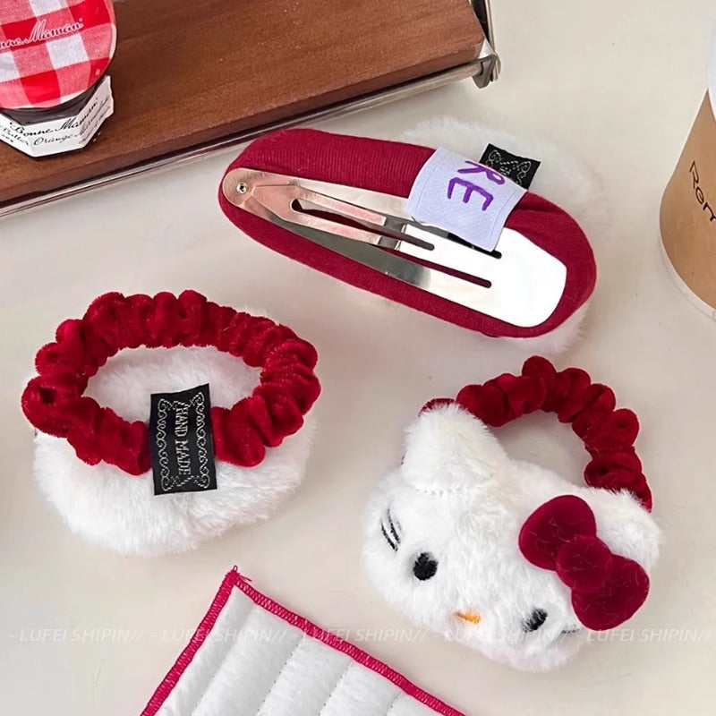 Cute plush kitty hair clip angora red bow hair tie bangs clip cartoon bb clip hair accessories for women