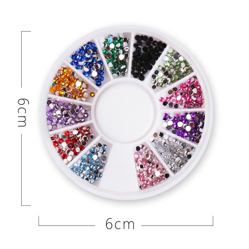 Nail art accessories 12-compartment box set: round disc charms, rhinestones, colored diamonds, pearls, hotfix rhinestones, flatback silver rhinestones - wholesale