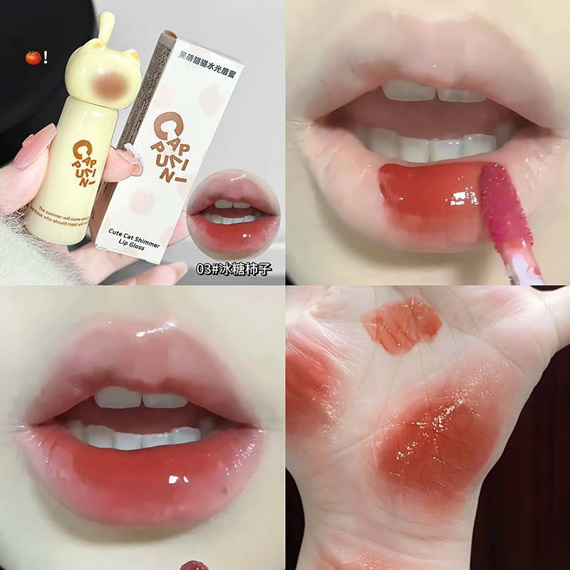Kapuweini cute cat water gloss lip gloss for women, moisturizing mirror, non-stick cup, pseudo-no makeup whitening lip glaze
