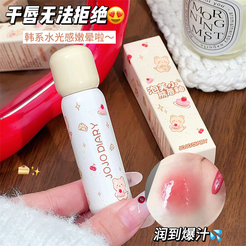 Jojo diary puff bear lip glaze clear watery glossy lips low saturation white student party lip gloss