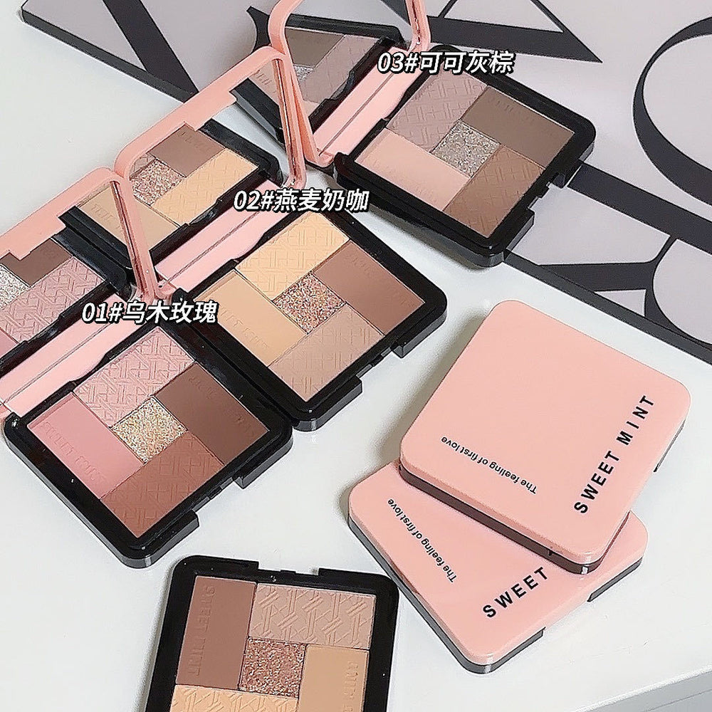 Sweet mint five-color eyeshadow palette - shimmer, matte, highlight, and contour all-in-one - beginner-friendly earth tone eyeshadow