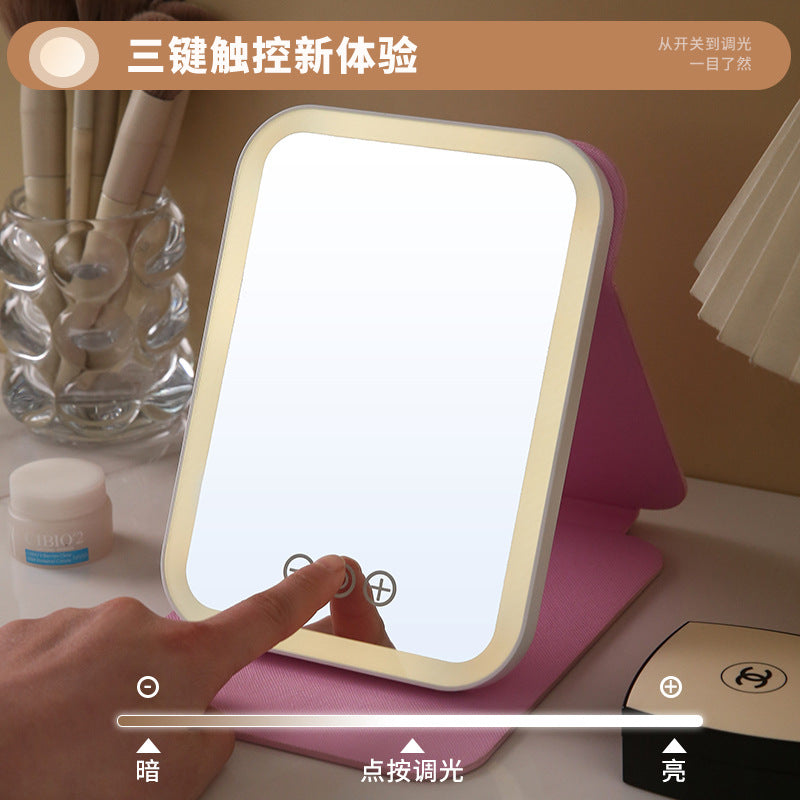 Led makeup mirror with light - portable, foldable, storage, home, dorm, desktop, household, travel, glass beauty mirror