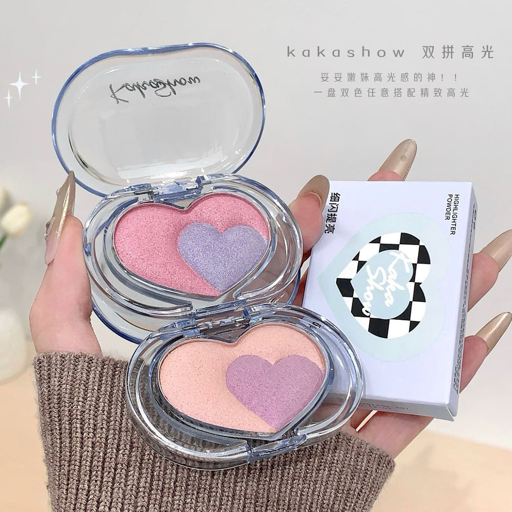 Kakashow heart-shaped duo highlighter palette - 3d illuminating, shimmering, and fine glitter - highlighter & blush in one