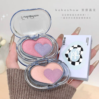 Kakashow heart-shaped duo highlighter palette - 3d illuminating, shimmering, and fine glitter - highlighter & blush in one