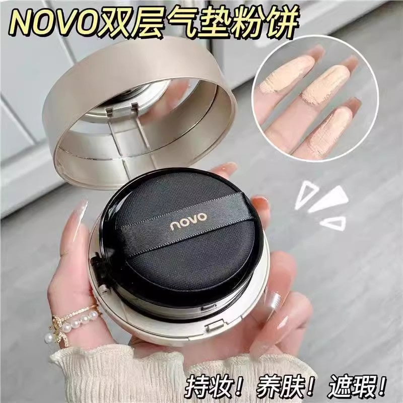 Novo double layer cushion foundation 2-in-1: hydrating, moisturizing, concealing, setting, long-lasting, waterproof, and smudge-proof foundation