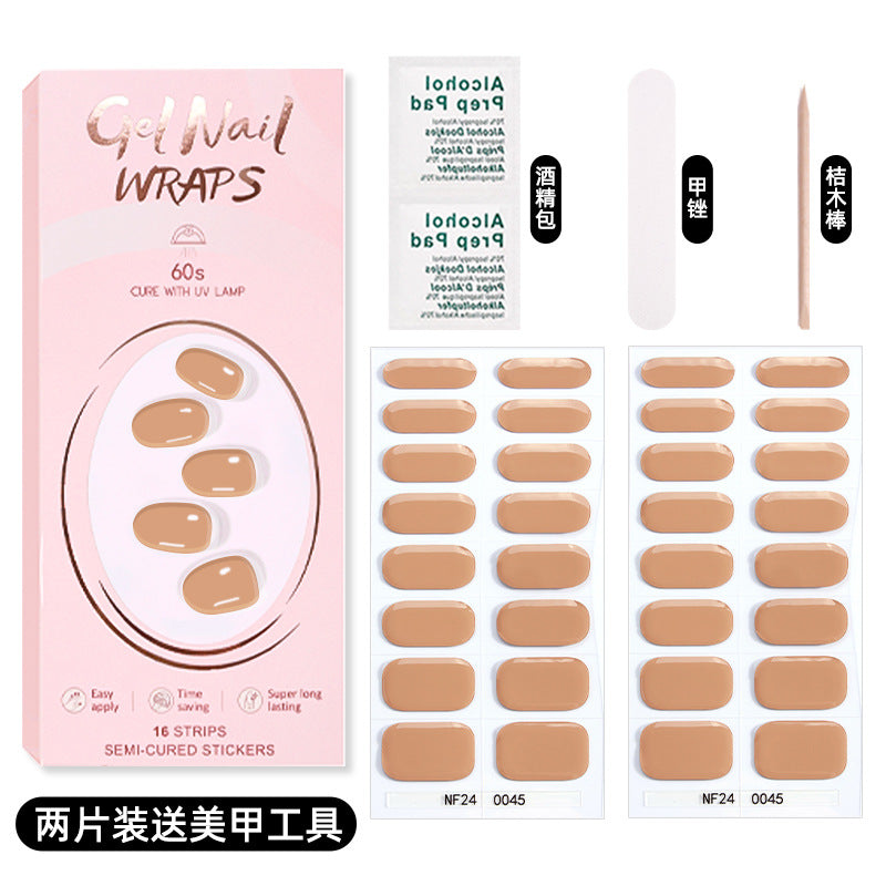 Zhengxiang custom gel nail stickers solid color 32 fingers two-piece set korean uv light semi-cured nail stickers waterproof