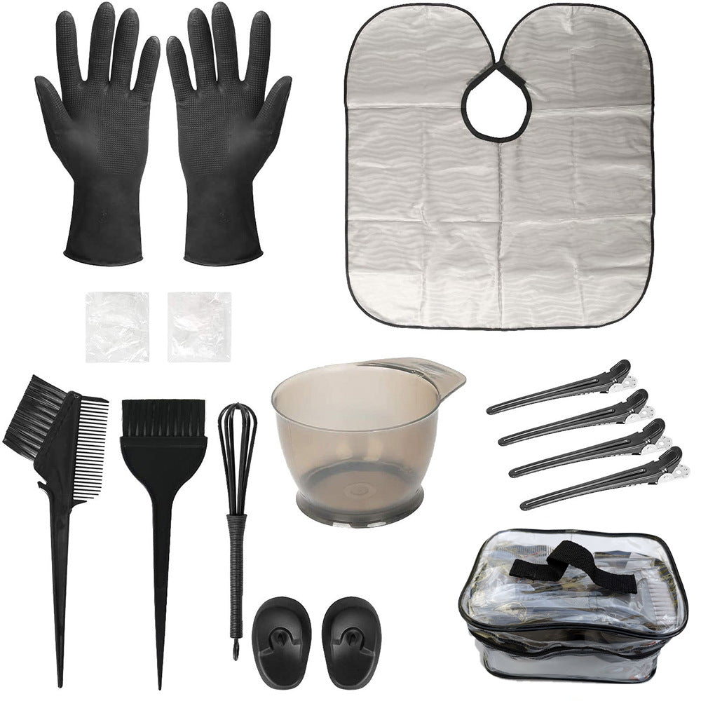 fourteen-piece hair dyeing tool set, hair dyeing brush, oil baking bowl, stirring stick, earmuffs, disposable shawl gloves