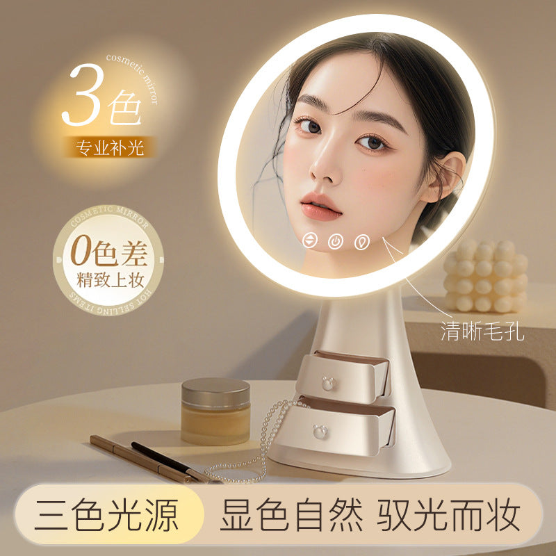 Led lighted makeup mirror - vanity mirror for home, plastic desktop organizer, desktop storage, and makeup touch-up