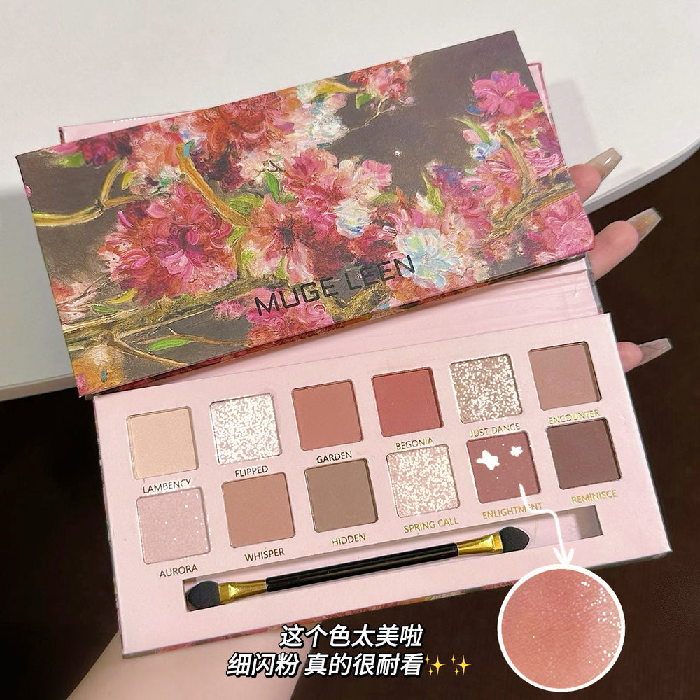 Muge leen begonia oil painting style 12-color eyeshadow palette - shimmer, matte, low-pigment pink & brown eyeshadow palette