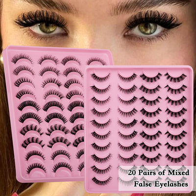 Amazon russian volume false eyelashes, 20 pairs, 3d curl, synthetic fiber, thick & dense mixed set, cross-border bestseller