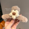 Handmade knitted wool flower hair claw clip - women's autumn/winter retro plush hair clip - sweet shark clip for back of head - hair accessory