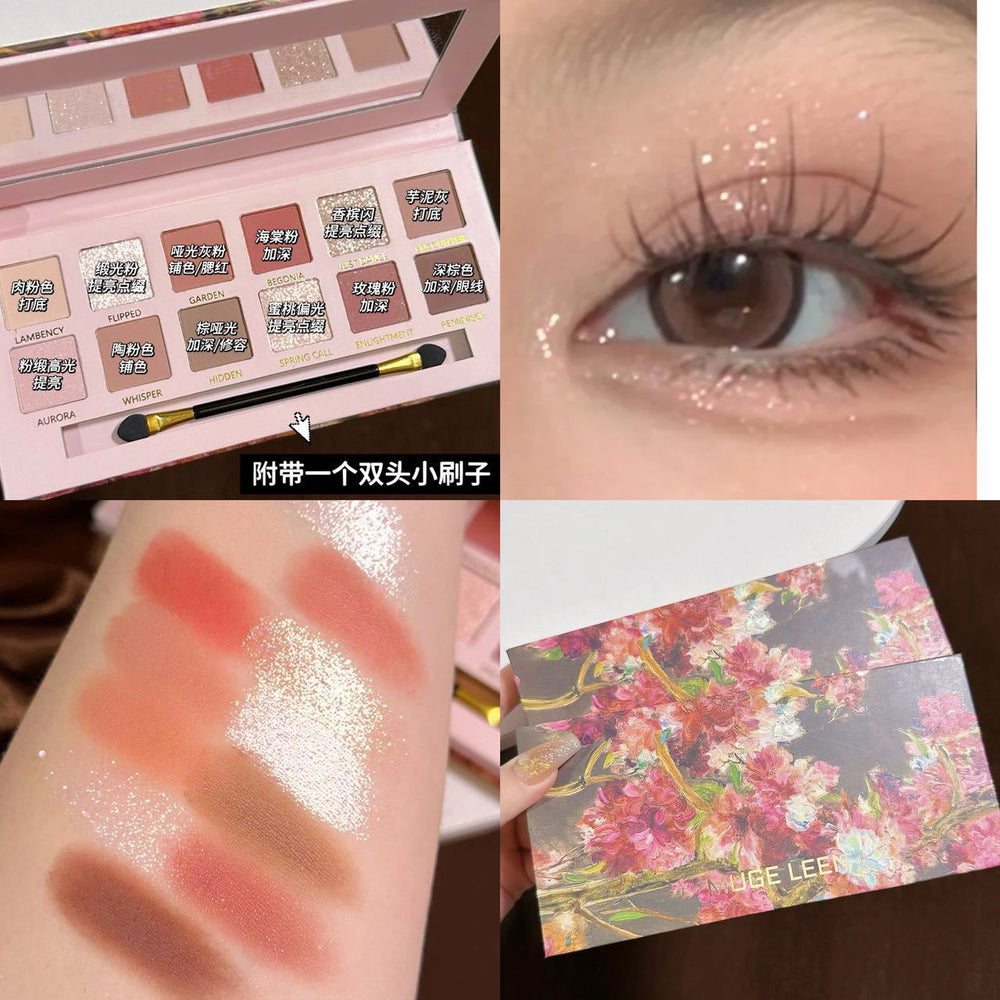 Muge leen begonia oil painting style 12-color eyeshadow palette - shimmer, matte, low-pigment pink & brown eyeshadow palette