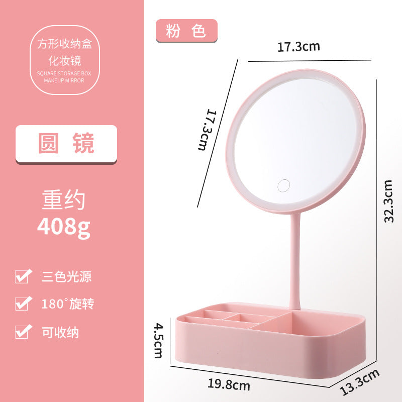 Led storage makeup mirror - smart dimming, home use, lighted plastic desktop vanity mirror, illuminated glass mirror