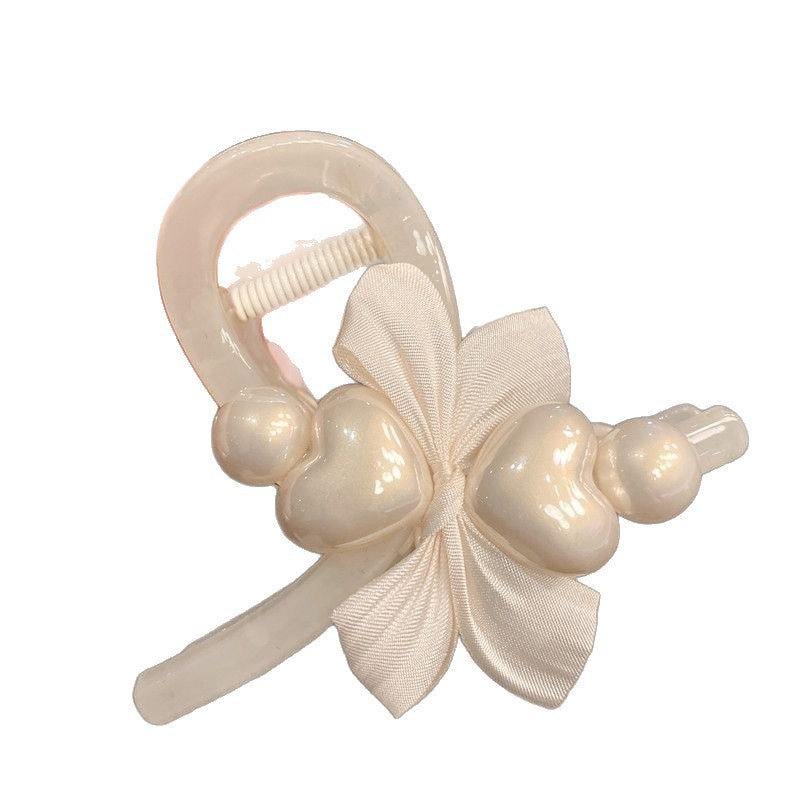 Korean style heart pearl claw clip - ethereal hair clip for women, back of head style, high-end shark clip with bowknot hair accessory