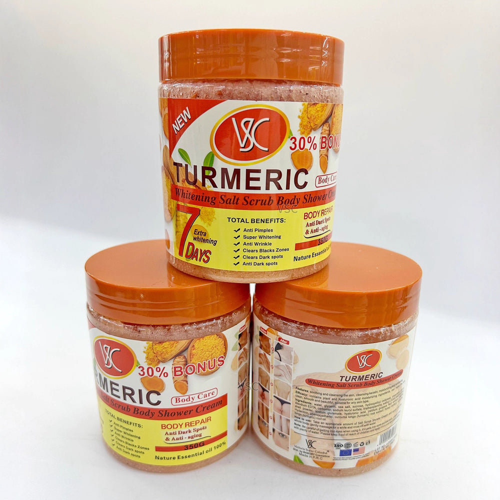 turmeric body scrub - softens cuticles, removes keratosis pilaris (chicken skin), moisturizes, brightens skin, cleansing bath & shower salt 350g